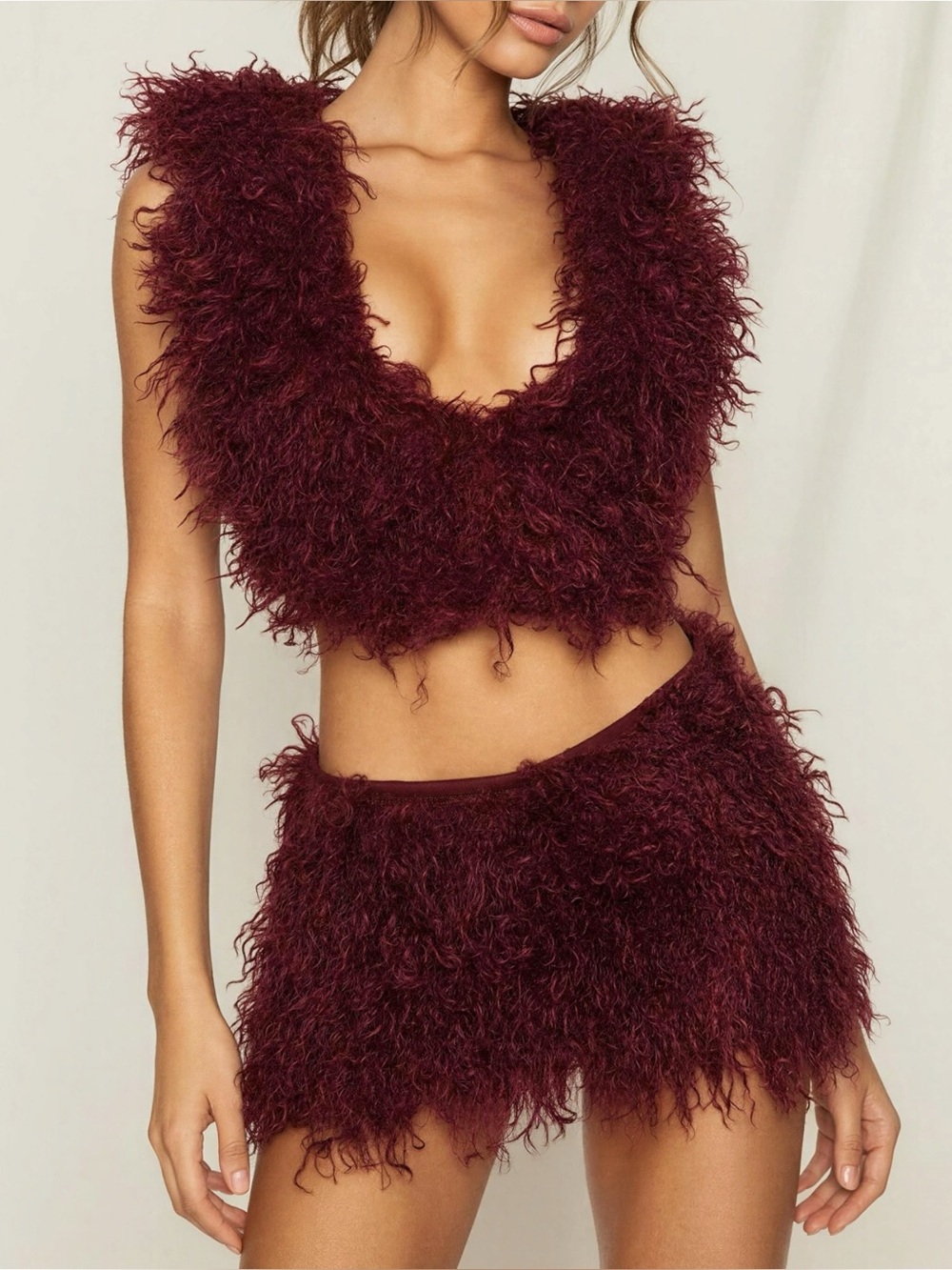 JADED LONDON Haka Feather Faux Fur Backless Top W/ Hoodie, Burgundy, S/M